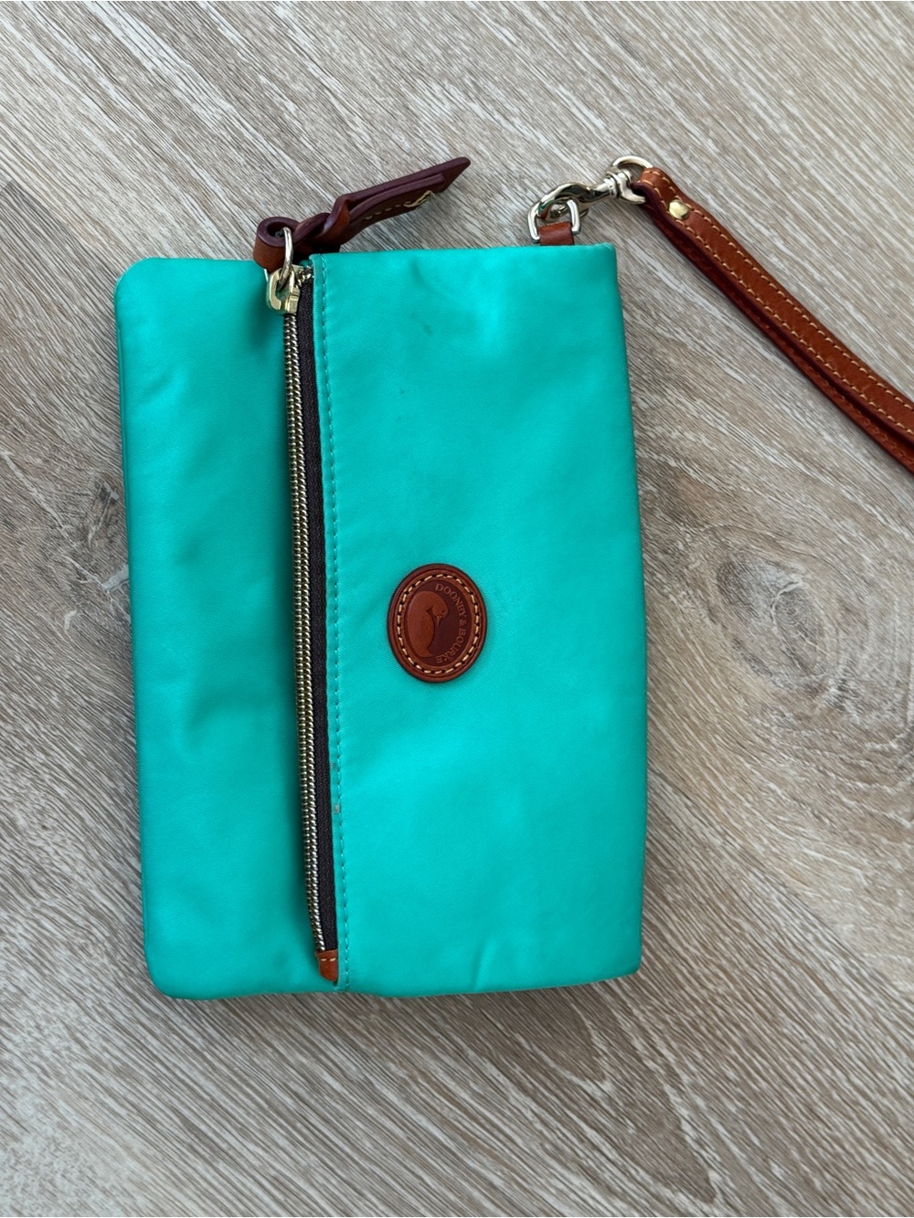 Dooney & Bourke Turquoise Wristlet with Brown Leather Trim